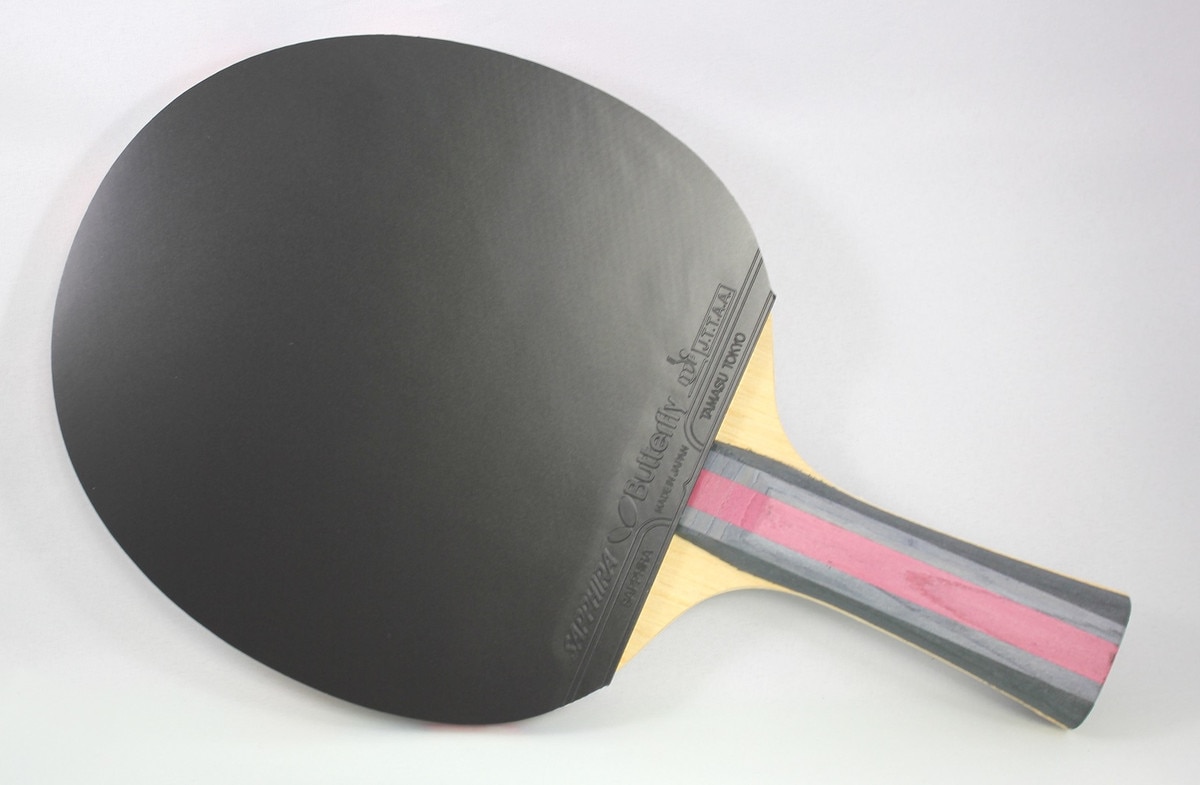 Butterfly Nakama S-7 Racket: Diagonal view of the Black side of the racket